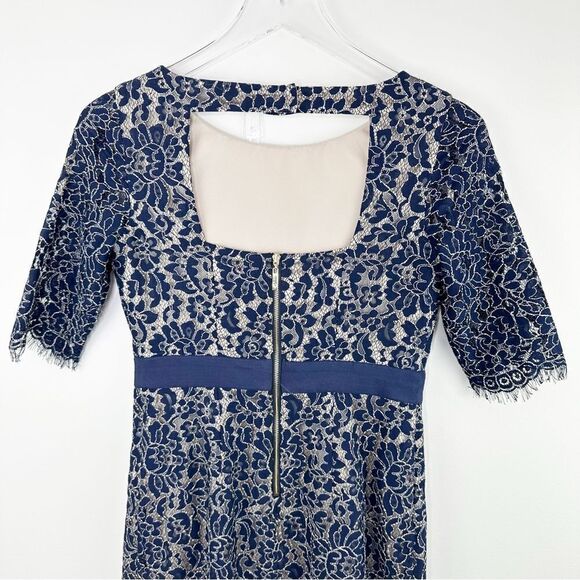Eliza J | Navy Blue Fitted Lace-Overlay Dress Crystal Embellishment Open-Back 2P - Picture 6 of 14